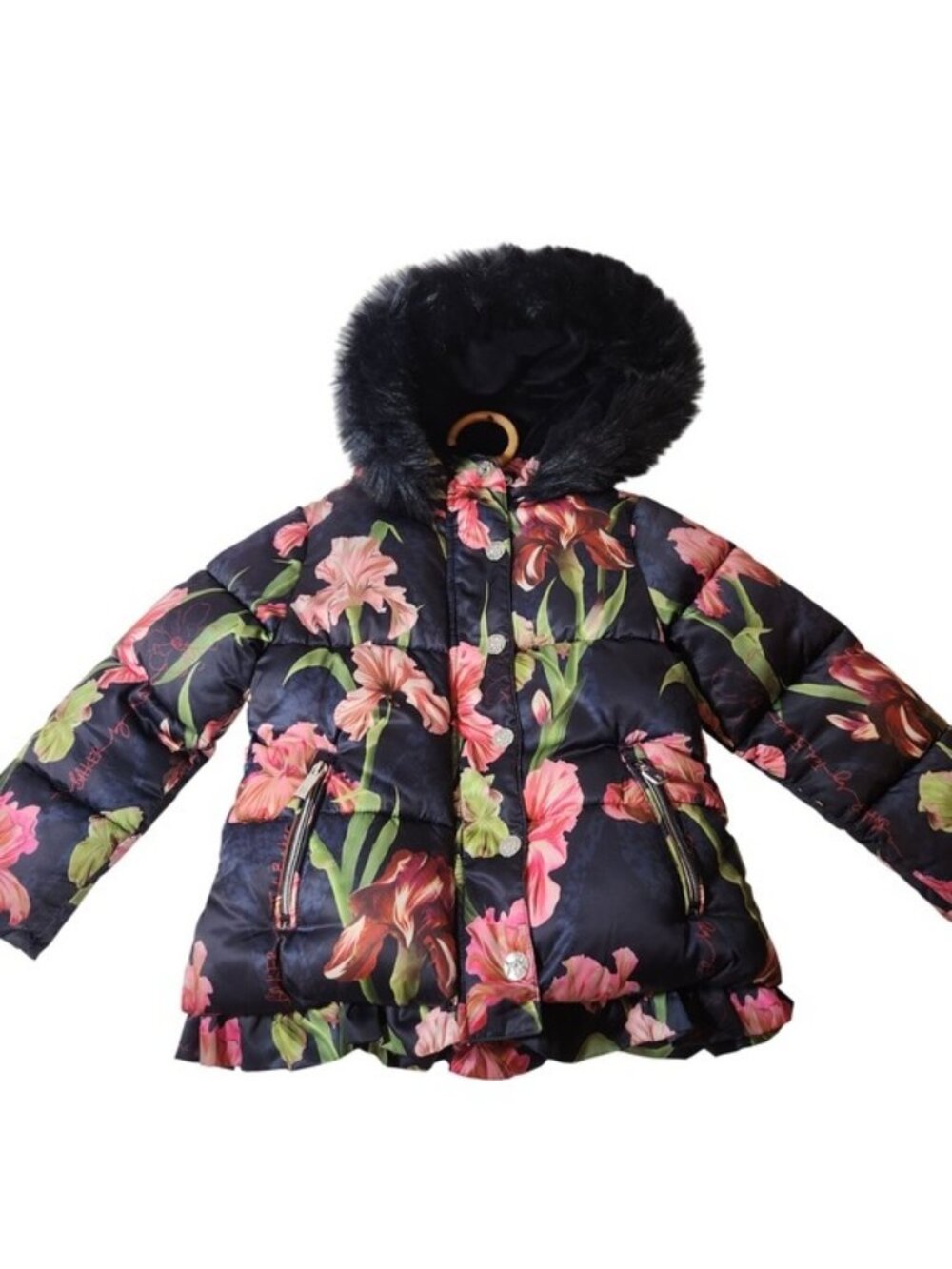 Baker by Ted Baker Girls Floral Puffer Jacket Faux Fur Hood Navy Pink Iris Coat